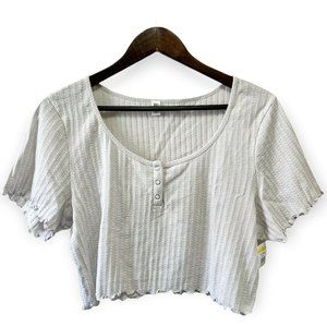 BP Women’s Size 1X Short Sleeve Henley Neck Rib Knit Stretch Cotton Light Gray